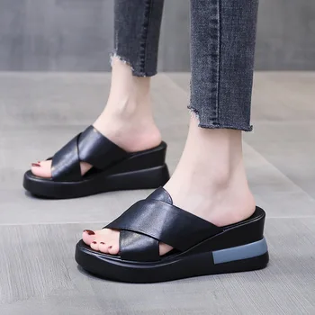Yeni Kadın Sandalet 2022 Yaz Hakiki deri ayakkabı Kadın Flip Flop Takozlar Moda Platformu Kadın Slaytlar Ayakkabı Peep Toe 0