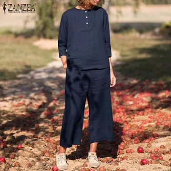 2022 ZANZEA 2 adet Sonbahar Geniş Bacak Pantolon Rahat düz pantolon Setleri Moda 3/4 Kollu Bluz Takım Elbise Gevşek Eşofman kadın Setleri