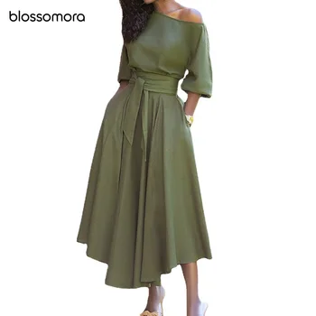 Blossomora Katı Tunik Gevşek Vintage Maxi Elbise Casual Lace Up Çapraz Yaka Kısa Kollu Elbise Yaz Vestidos Kadınlar için 2022 2