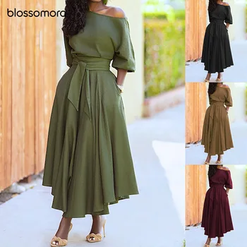 Blossomora Katı Tunik Gevşek Vintage Maxi Elbise Casual Lace Up Çapraz Yaka Kısa Kollu Elbise Yaz Vestidos Kadınlar için 2022 4