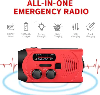 Acil Hava AM / FM NOAA Güneş Enerjili Rüzgar up Radyo ile SOS 2000 mAh Güç Bankası için cep telefonu ve LED el feneri 0