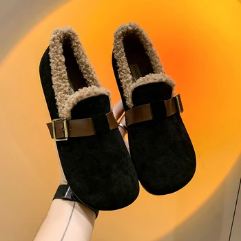 Klasik Shearlıng Birken Loafer'lar Kadın Kış Yeni Toka Kayış Kısa Çizmeler Bayanlar Slip-on Kürklü Peluş Sıcak düz ayakkabı