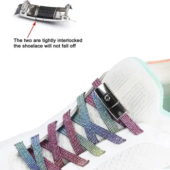 Hiçbir Kravat Ayakkabı Bağcıkları Düz Elastik Ayakabı Sneakers için Basın Kilit Metal Toka Lüks Gökkuşağı Tieless Ayakkabı Bağı Yetişkinler için çocuklar