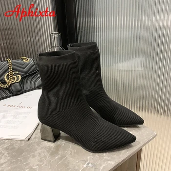 Aphixta Siyah 6cm Metal Kare Topuklu Pamuk Çorap Çizmeler Kadın Streç Kumaş Sivri Burun Ayakkabı yarım çizmeler Kadın Tekneler
