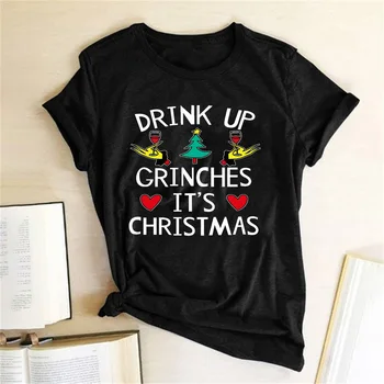 Içecek Grinches Bu Noel T Shirt Gevşek Gömlek Noel Partisi Tarzı Üstleri Mutlu Noel Kadın Kısa Kollu Grafik Tees