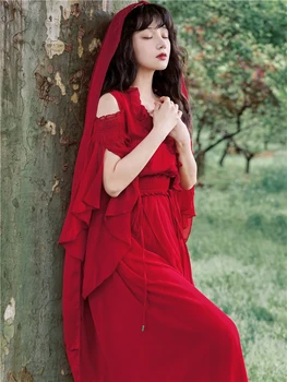 Yaz yeni kadın Bohemian seyahat plaj plaj kırmızı şifon uzun elbise retro zarif lüks elbise