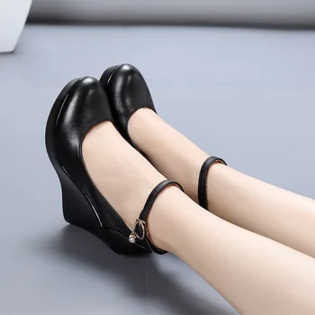 Moda Ayak Bileği Kayışı Yüksek Takozlar Platformu Pompaları Kadınlar İçin Rahat Hakiki Deri Siyah İş yüksek topuklu ayakkabı 0