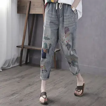 Moda Bağbozumu Delik Kız Nakış Ayak Bileği uzunlukta Denim Kot Kadın Rahat Gevşek Harem Pantolon Pantolon Bahar Sonbahar Kadın Kot