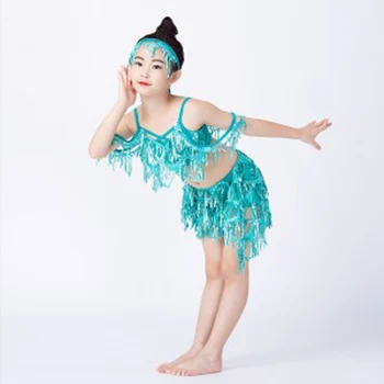 YENİ çocuklar Sequins Püskül Oryantal dans kostümü Seti çocuklar Performans Dans Elbise Kız Latin Dans Elbise Giyim 3 boyutları 0