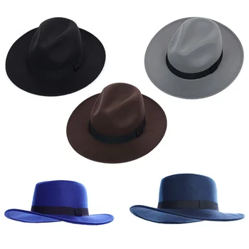 WELROG Yeni Vintage Geniş Brim Panama Fedoras Sonbahar Zarif Erkekler Düz kenarlı şapkalar siyah kemer Toka erkek Kış Fedora Kapaklar