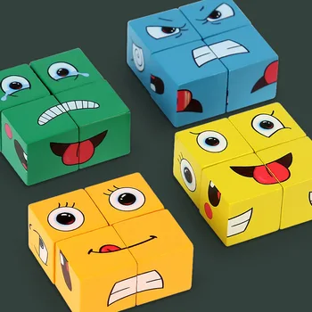Montessori Oyuncak Çocuklar için Ahşap Yüz Değişen Küp İfadeler Eşleşen Blok Bulmacalar Eğitici Oyuncaklar Kurulu çocuklar oyunları