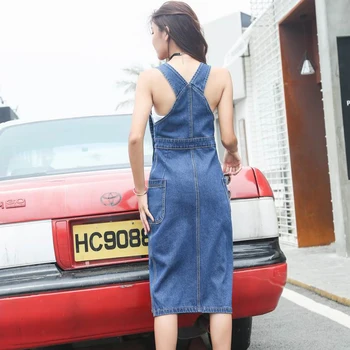 Yeni Seksi Kolsuz Mavi Yan Bölünmüş Kayış Kot Elbise Kadın Bandaj Askı Denim Elbise Vestidos Sundress Genel Kore Elbise 2