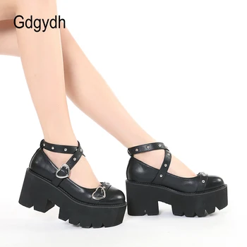 Gdgydh Gotik Lolita Ayakkabı Platformu Mary Janes Kadınlar için Yuvarlak Kafa Kalın Topuk Çapraz Bandaj Kalp Toka Kawaii Ayakkabı Cosplay