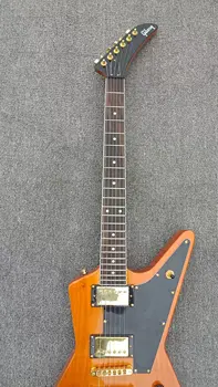 Özel kaz şekilli Explorer entegre elektro gitar, orijinal ahşap tahıl, açık kahverengi, altın, gerçek fabrika resimleri, olabilir 1