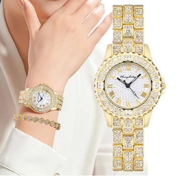 Lüks Elmas Kaplı Kadın Saatler Altın Moda Bayanlar Kuvars Saatı 2022 Marka Roma Saat Paslanmaz çelik bilezik
