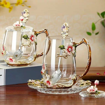 Güzellik Ve Yenilik Emaye Kahve Fincanı Kupa çiçek çayı Cam Bardak Sıcak ve Soğuk İçecekler için çay bardağı kaşık seti Mükemmel Düğün Hediyesi
