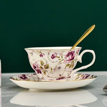 200 ML Kahve fincan Tabağı kaşık seti Seramik Çiçek Fincan İngiliz Tarzı Öğleden Sonra Çay Porselen fincan ve çay tabağı Kahve Kupa 0