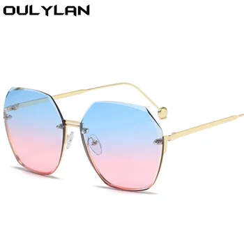 Oulylan Moda Çerçevesiz Güneş Gözlüğü Kadın Retro Klasik Tasarımcı güneş gözlüğü Kadın Metal Poligon Gözlük Mavi Pembe Shades UV400