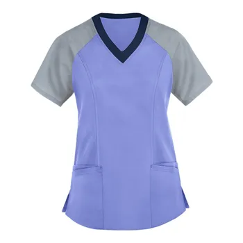 Yaz Kadın Patchwork Hemşirelik Scrubs Tops T Gömlek Çalışma Üniformaları Kısa Kollu Artı Boyutu Üst Kadın V Yaka Cep Elbise 1