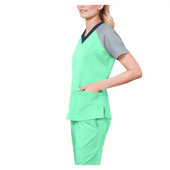 Yaz Kadın Patchwork Hemşirelik Scrubs Tops T Gömlek Çalışma Üniformaları Kısa Kollu Artı Boyutu Üst Kadın V Yaka Cep Elbise 2
