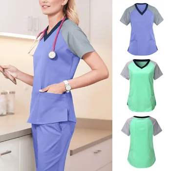 Yaz Kadın Patchwork Hemşirelik Scrubs Tops T Gömlek Çalışma Üniformaları Kısa Kollu Artı Boyutu Üst Kadın V Yaka Cep Elbise 3