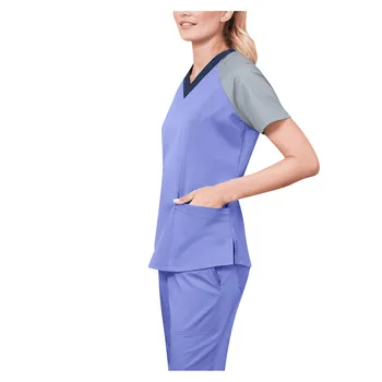 Yaz Kadın Patchwork Hemşirelik Scrubs Tops T Gömlek Çalışma Üniformaları Kısa Kollu Artı Boyutu Üst Kadın V Yaka Cep Elbise 4