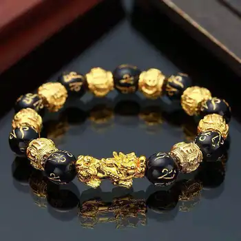 Feng Shui obsidiyen taş Boncuk Bilezik Bileklik Altın Renk Siyah Pixiu Servet Iyi Şanslar Kadın Bilezik Erkek Kadın Unisex