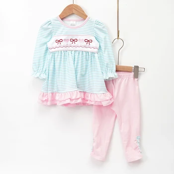 Bebek Kız Pembe Giyim Seti 2 adet Pamuk İlmek Nakış Bodysuit Uzun Kollu sevgililer Günü Kıyafetler çizgili pantolon 1-8T