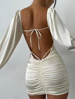 Seksi Backless Banage Mini Elbise Kadınlar için 2022 Moda Dantelli Fener Kollu Kulübü Parti Elbiseler Beyaz Zarif Bodycon Kıyafetler 5