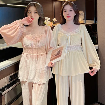 2022 Kış Uzun Kollu Sevimli Dantel Altın Kadife Pijama Setleri Kadınlar için Kore Gevşek Pijama Pijama Gecelik Pijama Mujer Elbise