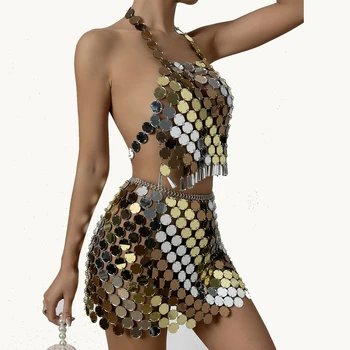 İçgörü.Z Akrilik Sequins Püskül Elbise Setleri Kadınlar için Seksi Backless Askı Üst Mini Etek Gece Kulübü İki Parçalı Set Kıyafetler
