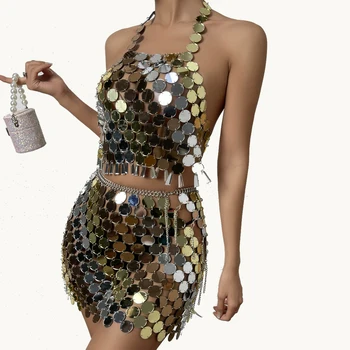 İçgörü.Z Akrilik Sequins Püskül Elbise Setleri Kadınlar için Seksi Backless Askı Üst Mini Etek Gece Kulübü İki Parçalı Set Kıyafetler 4