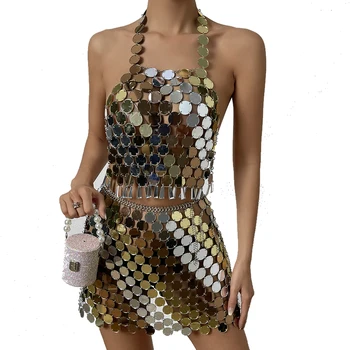 İçgörü.Z Akrilik Sequins Püskül Elbise Setleri Kadınlar için Seksi Backless Askı Üst Mini Etek Gece Kulübü İki Parçalı Set Kıyafetler 5