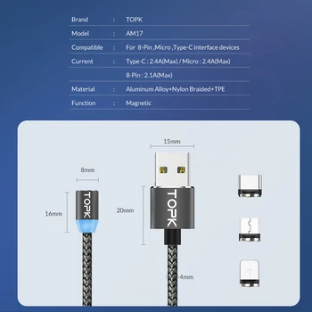 TOPK AM17 Manyetik Kablo 1 m USB Tipi C Mıknatıs Şarj Mikro samsung USB kablosu Xiaomi Cep Telefonu kablo USB C 5