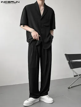 2022 Moda Erkek Setleri Düz Renk Kore Yaka Kısa Kollu Gömlek ve düz pantolon 2 ADET Streetwear Erkekler Rahat Takım Elbise 5XL INCERUN