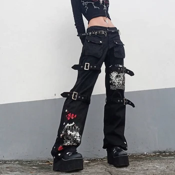 WeıYao Kuşgözü Toka Siyah Punk Goth Jean Moda Kadın Techwear Koyu Akademik Baskı E Kız Kargo Pantolon Düşük Bel Kot Pantolon