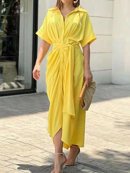 Yaz Zarif Kısa Kollu Yaka Pilili Elbise Kadın Moda Katı Dantel-up Düzensiz uzun elbise Bayan Rahat Ince Gömlek Elbiseler