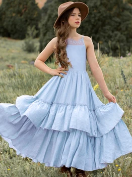 Prenses Dantel Ruffles Katmanlı Elbise Bebek Çocuk Çiçek Kız Düğün Parti Uzun Elbiseler Genç Zarif Giysiler için 3 4 6 8 10 12y