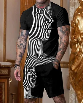 Erkek Giyim Rahat erkek Seti Büyük Boy Çizgili Streetwear Moda T-shirt + Şort 2 Parça Set yaz giysileri Kıyafet Adam için