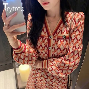 Trytree Sonbahar Kış Örme kadın Elbise Rahat Geometrik Uzun Kollu Elastik Elbise Ofis Bayan Zarif A-line Traf Elbise