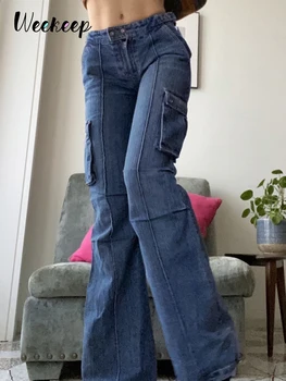 Weekeep Cep Patchwork Kargo Kot Kadın Streetwear Vintage Baggy Alevlendi Kot Pantolon Sonbahar Harajuku Kore 90s Moda Rahat