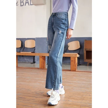 Toyouth Kadın Kot Bahar Sonbahar Yüksek Bel Rahat Pantolon Yırtık İmha Rahat Tüm Maç Düz Kot Pantolon