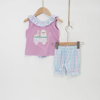 Toddler Bebek Kız Giysileri Set 2 adet Pamuk Paskalya Takım Elbise Tavşan Nakış Bodysuit T-shirt Kıyafetler Kafes Şort 1-8T Bebek