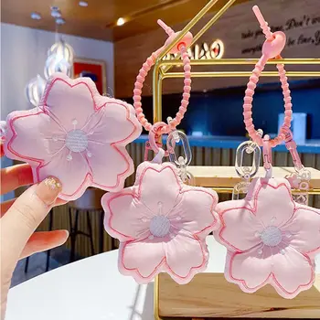 1 ADET Kumaş Sakura Anahtarlık Çiçek Anahtarlık Kadınlar için Çift Sırt Çantası Kolye Araba Charm Anahtar Zincirleri Hediyeler 4