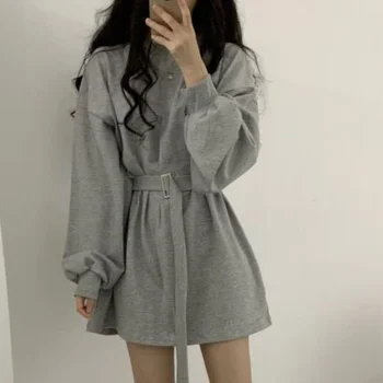 Artı Boyutu Rahat Kadın Moda Elbise Zayıflama Gevşek İlkbahar ve Sonbahar Uzun kollu Yüksek Bel Katı Kazak Elbise Kore Elbise
