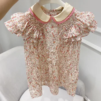 Bebek kız yaz vintage çiçek baskılı prenses elbise çocuklar peter pan yaka tatlı sevimli evaze elbise