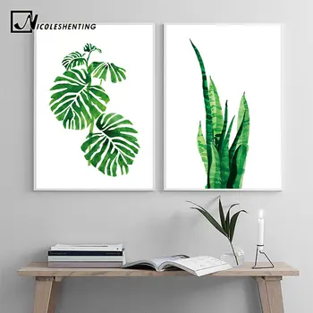 Suluboya Tropikal Bitkiler Yapraklar duvar sanatı tuval Posterler ve Baskılar Minimalist Boyama Duvar Resimleri Yatak Odası Ev Dekor için 0