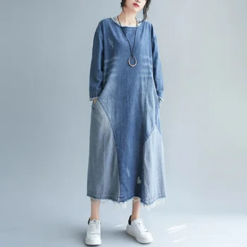 2020 Yeni Varış Sonbahar Sanat Tarzı Gevşek Rahat O-boyun Elbise Butonuna Denim Patchwork Uzun Elbiseler Kadın Uzun Kollu Pamuk A507