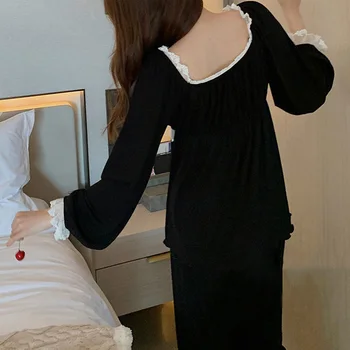 Patchwork Seksi Uzun Kollu Pijama Setleri Kadın Bahar Sonbahar Rahat V Yaka Dantel Yastıklı Kadın Rahat Salonu Aşınma Pijama Yumuşak 2