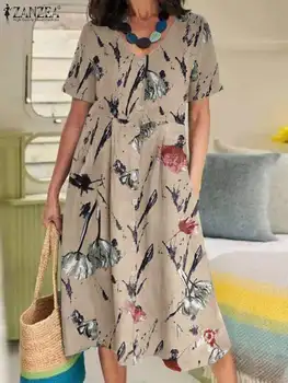 ZANZEA Kadın Orta Buzağı Uzunluğu Sundress Bohemian Çiçek Baskılı Elbise Kısa Kollu V Yaka Vestidos Zarif Rahat Gevşek Midi Elbise
